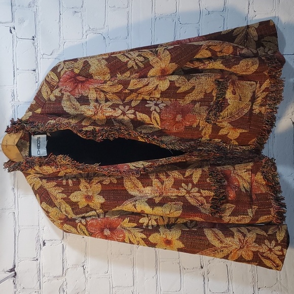 Chico's Jackets & Blazers - Chicos Boucle Tweed Silk Blazer Jacket Open Front Fringe Floral Brown  Size 3
